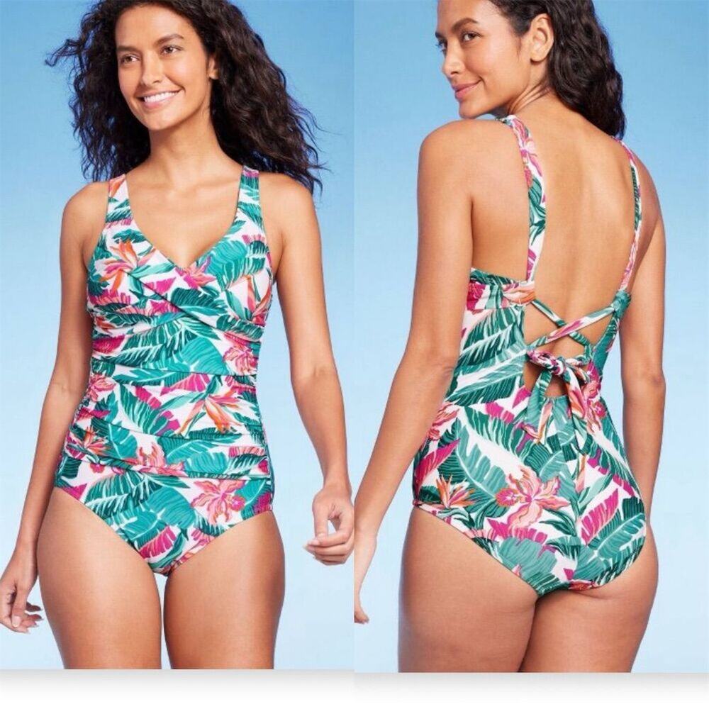 Kona Sol Full Coverage Tummy Control Tropical Print Wrap Swimsuit XL 16 - Picture 1 of 4